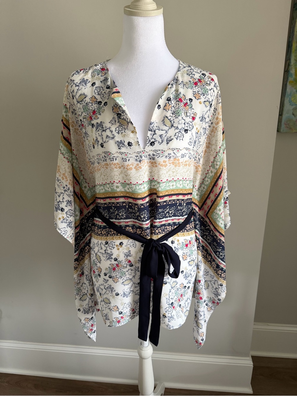 Skies Are Blue Floral Stripe V-Neck Tie-Waist Tunic in Cream, Navy and Green